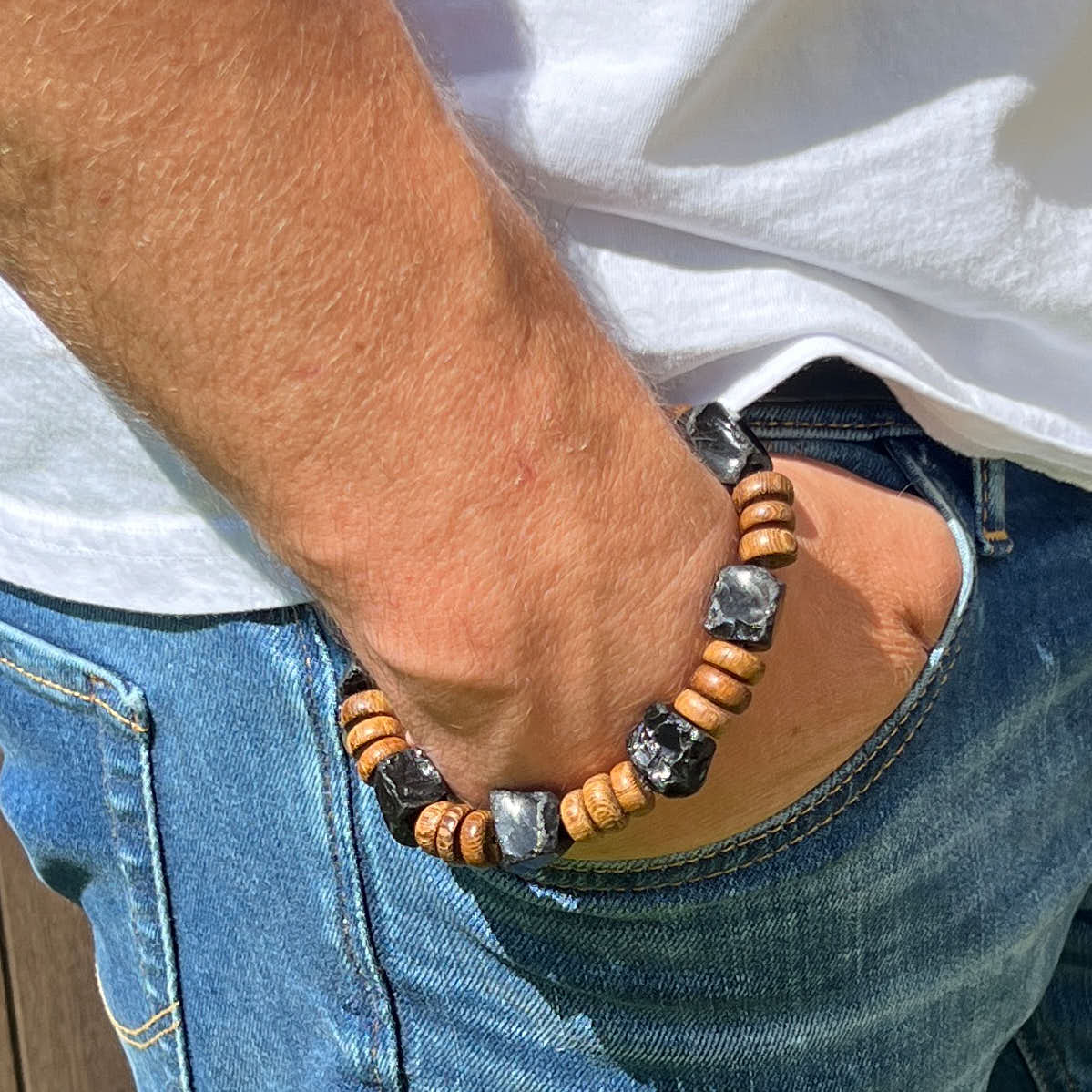 Armband - Holz & Turmalin schwarz / Schörl roh Herrenarmband / Damenarmband 